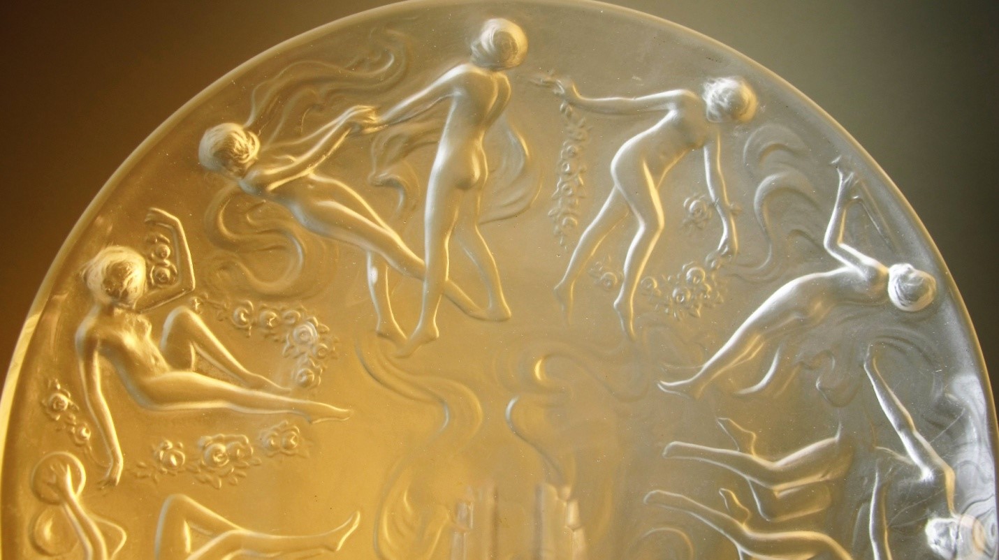 Dancing Nymph Plate (Consolidated) – Close-Up of Reclining Figure (at far left)